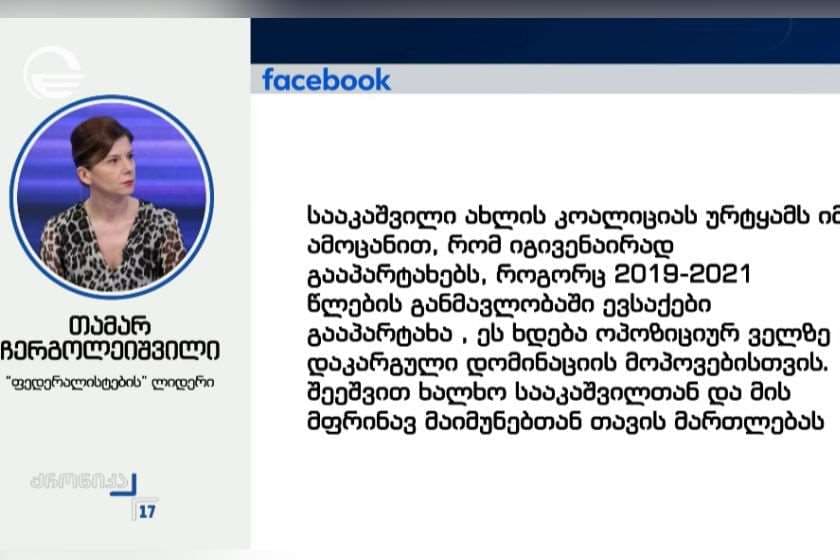 მიხეილ სააკაშვილის წინააღმდეგ ფეისბუკპოსტებით დაპირისპირების სერიას თამარ ჩერგოლეიშვილი განაგრძობს - იგი სააკაშვილს მანიპულატორს უწოდებს