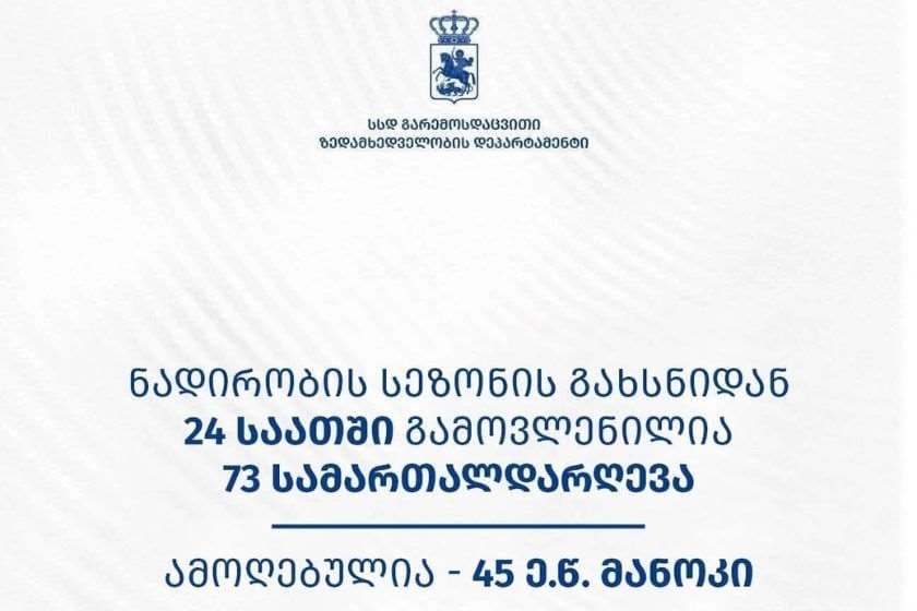 გარემოსდაცვითი ზედამხედველობის დეპარტამენტმა ნადირობის სეზონის გახსნიდან 24 საათში 73 სამართალდარღვევა გამოავლინა