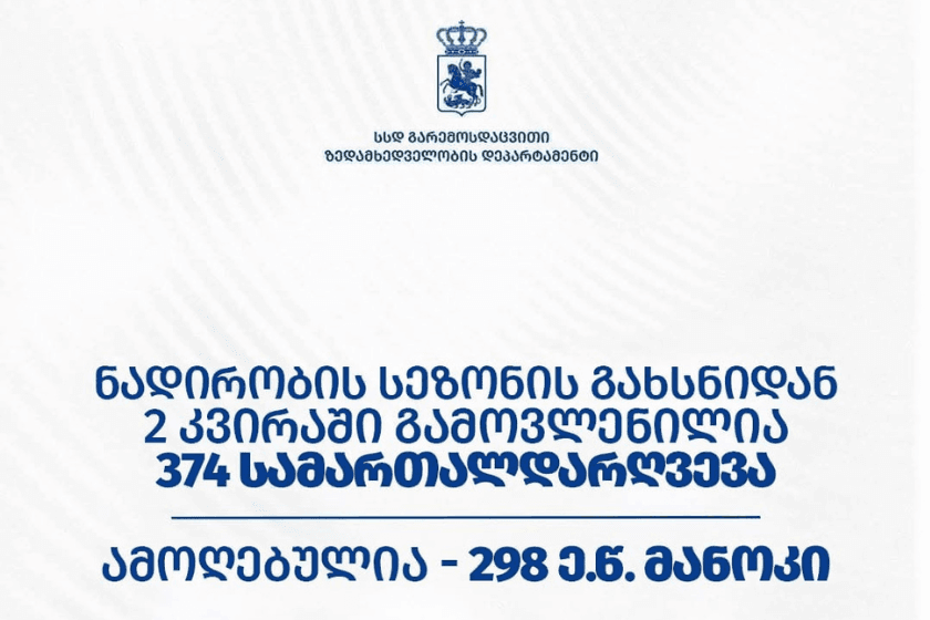 გარემოსდაცვითი ზედამხედველობის დეპარტამენტმა ნადირობის სეზონის გახსნიდან 2 კვირაში 374 სამართალდარღვევა გამოავლინა