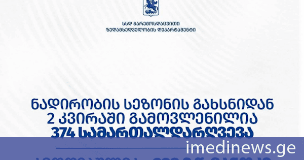 გარემოსდაცვითი ზედამხედველობის დეპარტამენტმა ნადირობის სეზონის გახსნიდან 2 კვირაში 374 სამართალდარღვევა გამოავლინა
